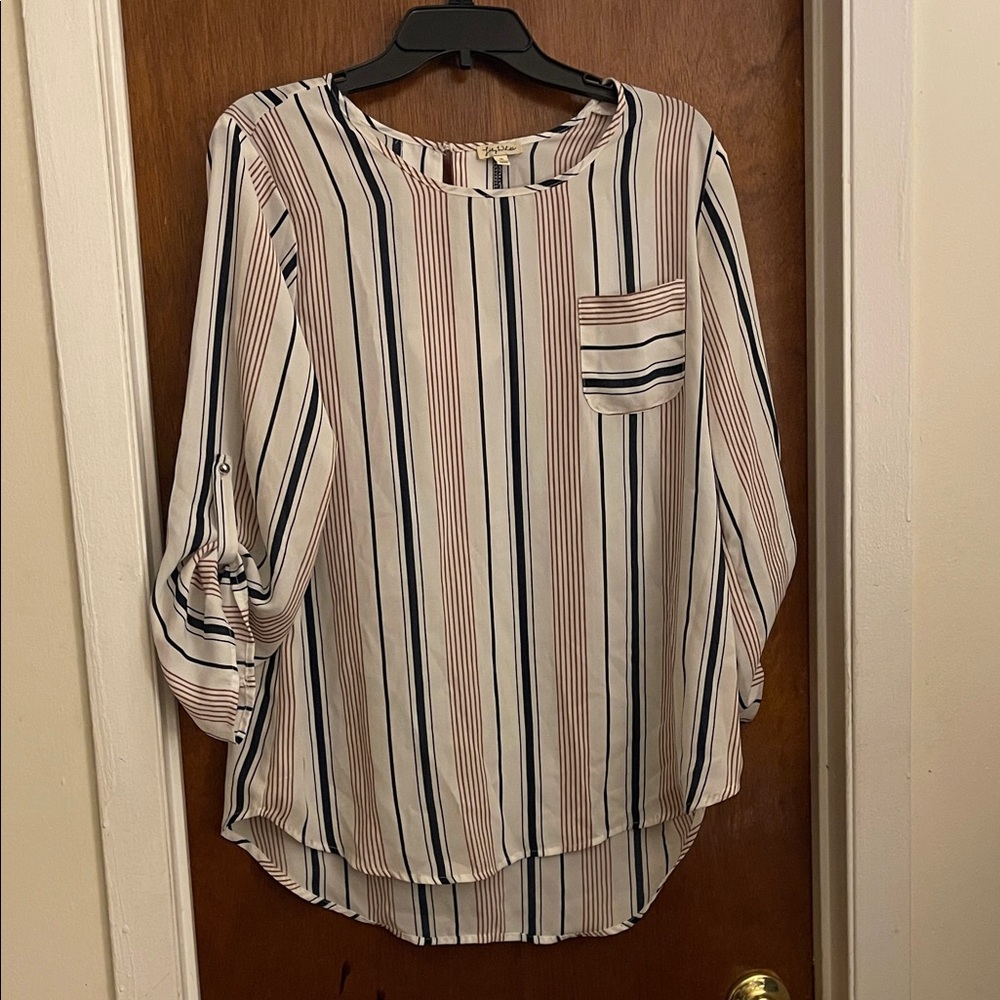 Lily White Cream Blouse with Navy and Tan Stripes